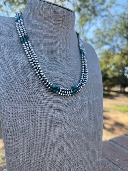 Handcrafted Hubei Turquoise & Sterling Silver Pearl 4mm Beaded Necklace 20"