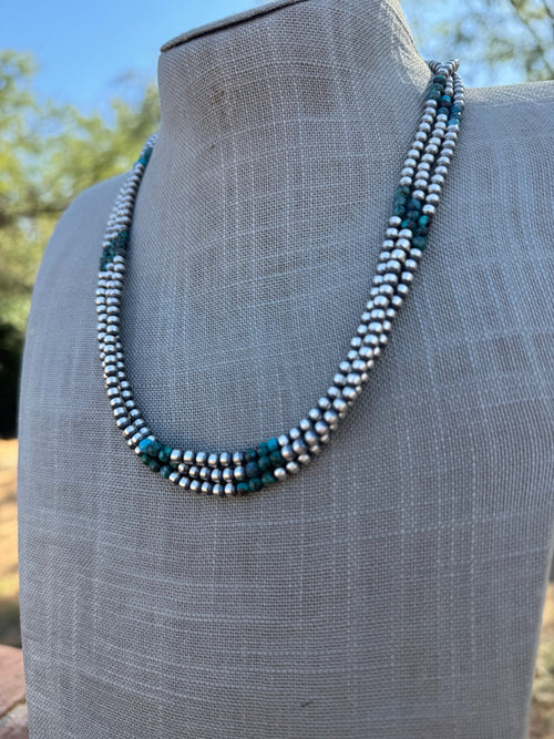 Handcrafted Hubei Turquoise & Sterling Silver Pearl 4mm Beaded Necklace 20"