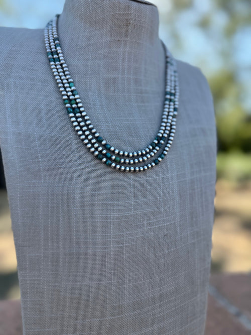 Handcrafted Hubei Turquoise & Sterling Silver Pearl 4mm Beaded Necklace 20"