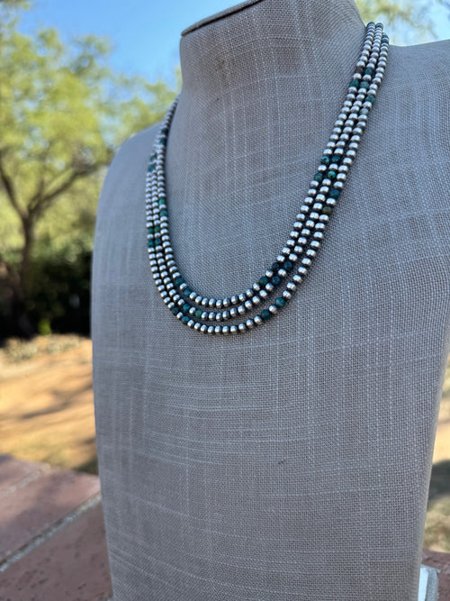 Handcrafted Hubei Turquoise & Sterling Silver Pearl 4mm Beaded Necklace 20"