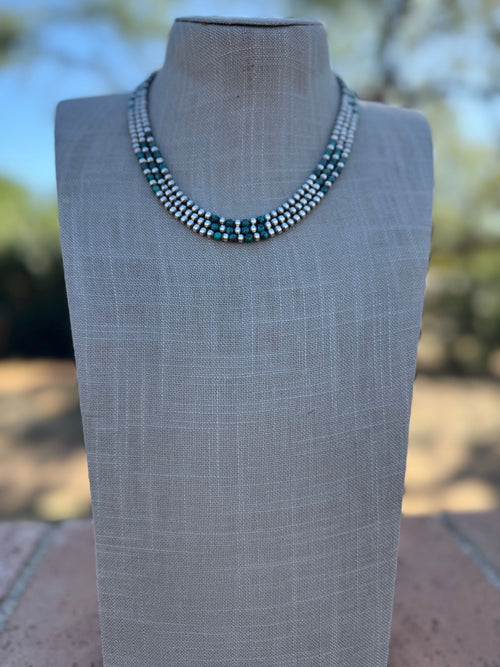 Handcrafted Hubei Turquoise & Sterling Silver Pearl 4mm Beaded Necklace 18"