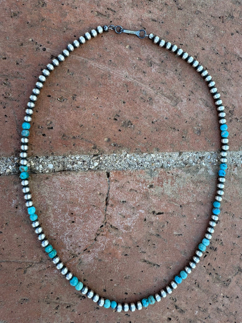 Handcrafted Turquoise & Sterling Silver Pearl 4mm Beaded Necklace 16"