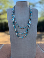 Handcrafted Kingman Turquoise & Sterling Silver Pearl 4-6mm Beaded Necklace 72"