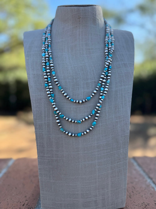 Handcrafted Kingman Turquoise & Sterling Silver Pearl 4-6mm Beaded Necklace 72"