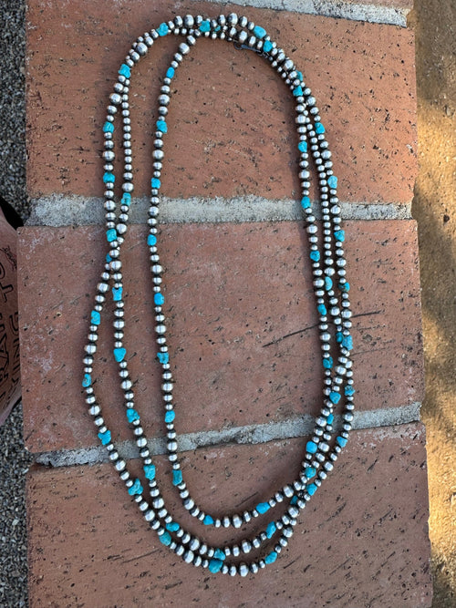Handcrafted Kingman Turquoise & Sterling Silver Pearl 4-6mm Beaded Necklace 72"