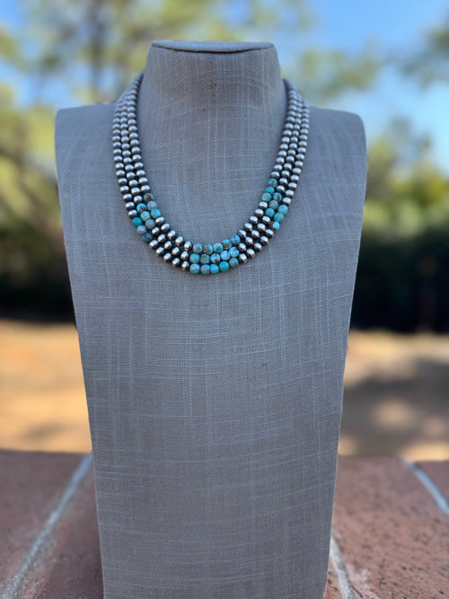 Handcrafted Kingman Turquoise & Sterling Silver Pearl 6mm Beaded Necklace 20"