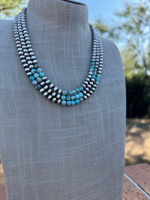 Handcrafted Kingman Turquoise & Sterling Silver Pearl 6mm Beaded Necklace 20"