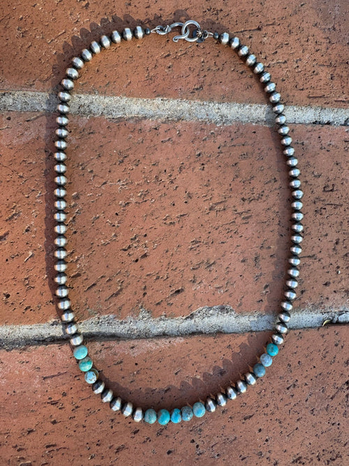 Handcrafted Kingman Turquoise & Sterling Silver Pearl 6mm Beaded Necklace 20"