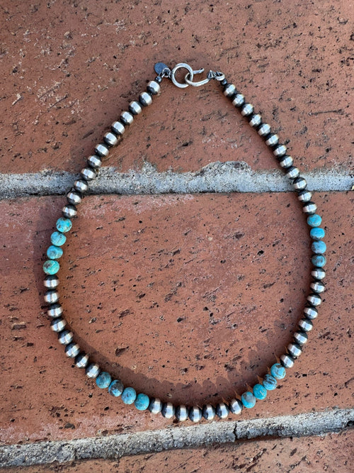 Handcrafted Kingman Turquoise & Sterling Silver Pearl 6mm Beaded Necklace 16"