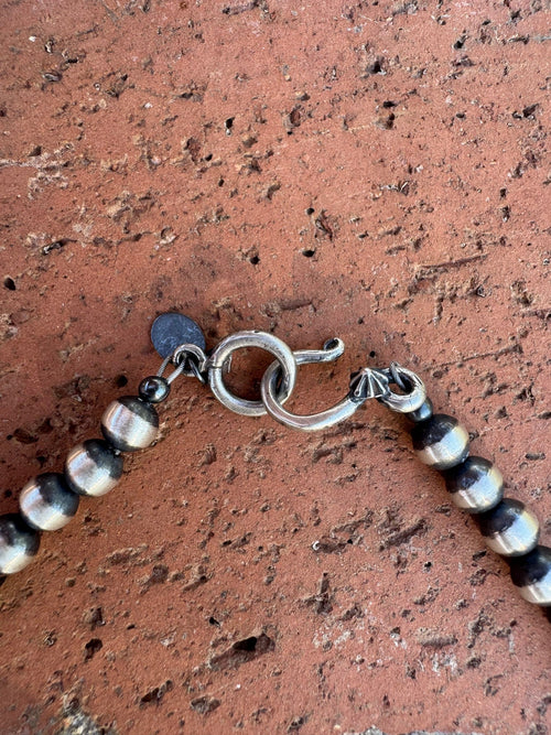 Handcrafted Kingman Turquoise & Sterling Silver Pearl 6mm Beaded Necklace 16"