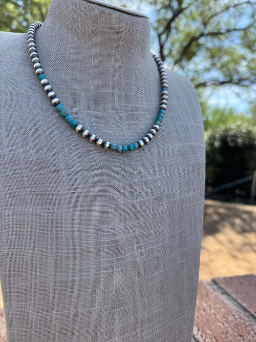 Handcrafted Kingman Turquoise & Sterling Silver Pearl 6mm Beaded Necklace 18"