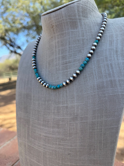 Handcrafted Kingman Turquoise & Sterling Silver Pearl 6mm Beaded Necklace 18"