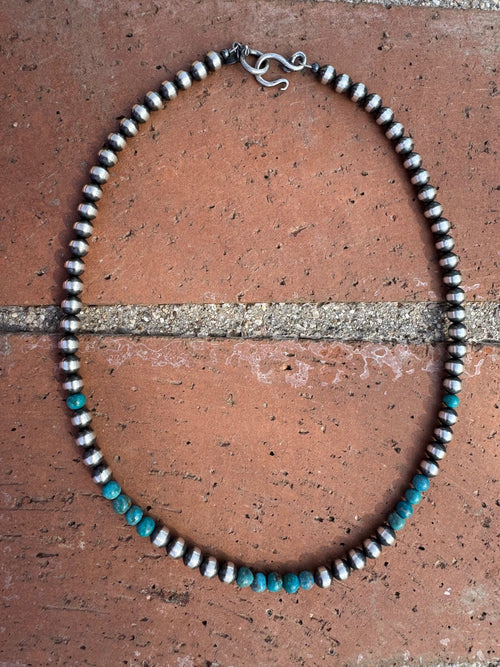 Handcrafted Kingman Turquoise & Sterling Silver Pearl 6mm Beaded Necklace 18"