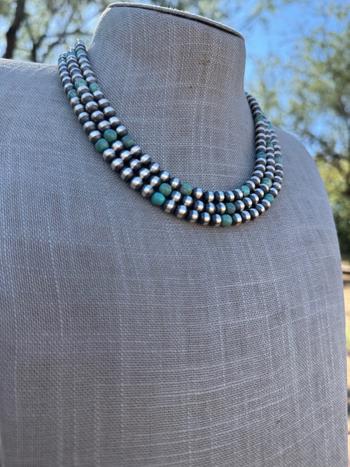 Handcrafted Kingman Turquoise & Sterling Silver Pearl 6mm Beaded Necklace 18"