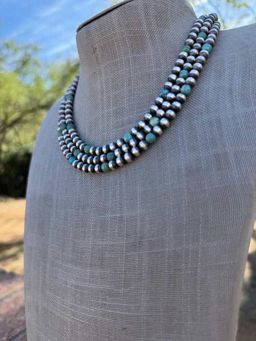 Handcrafted Kingman Turquoise & Sterling Silver Pearl 6mm Beaded Necklace 18"