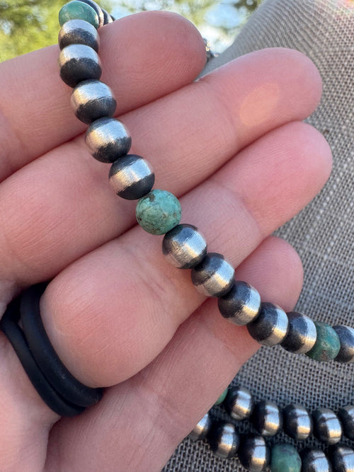 Handcrafted Kingman Turquoise & Sterling Silver Pearl 6mm Beaded Necklace 18"