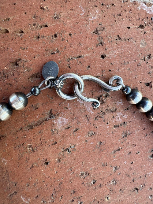 Handcrafted Kingman Turquoise & Sterling Silver Pearl 6mm Beaded Necklace 18"