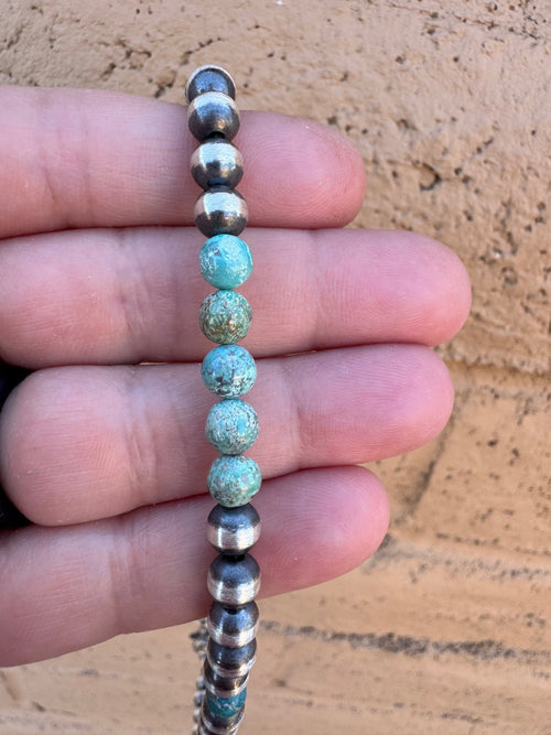 Handcrafted Kingman Turquoise & Sterling Silver Pearl 6mm Beaded Necklace 18"