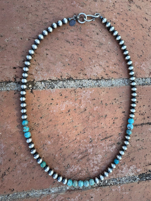 Handcrafted Kingman Turquoise & Sterling Silver Pearl 6mm Beaded Necklace 18"
