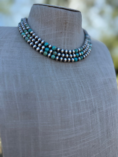 Handcrafted Kingman Turquoise & Sterling Silver Pearl 6mm Beaded Necklace 16"