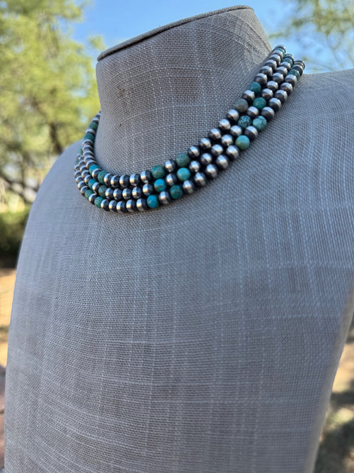 Handcrafted Kingman Turquoise & Sterling Silver Pearl 6mm Beaded Necklace 16"