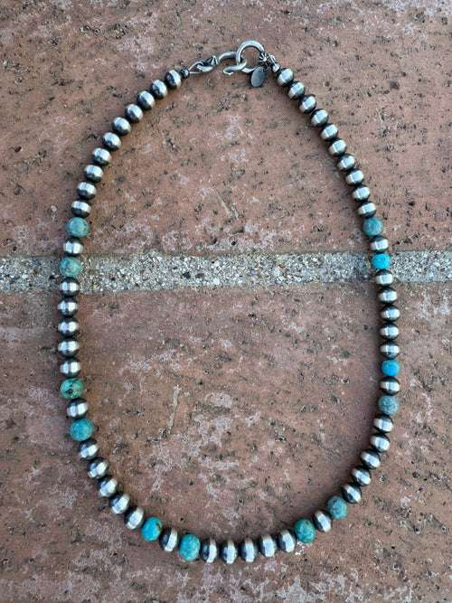 Handcrafted Kingman Turquoise & Sterling Silver Pearl 6mm Beaded Necklace 16"