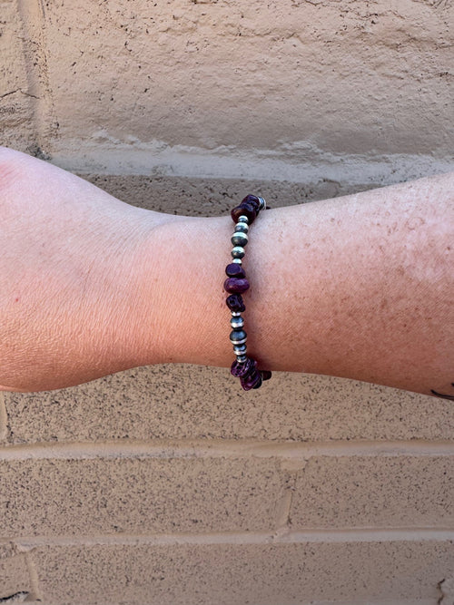 Handcrafted Purple Spiny & Sterling Silver Pearl 3-5mm Beaded Bracelet 7"
