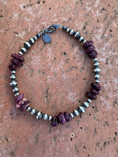 Handcrafted Purple Spiny & Sterling Silver Pearl 3-5mm Beaded Bracelet 7"