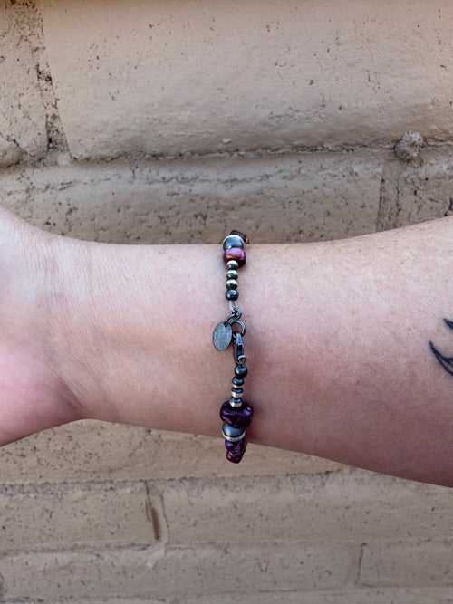 Handcrafted Round Purple Spiny & Sterling Silver Pearl 3mm & 6mm Beaded Bracelet 7.5"