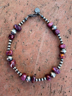 Handcrafted Round Purple Spiny & Sterling Silver Pearl 3mm & 6mm Beaded Bracelet 7.5"