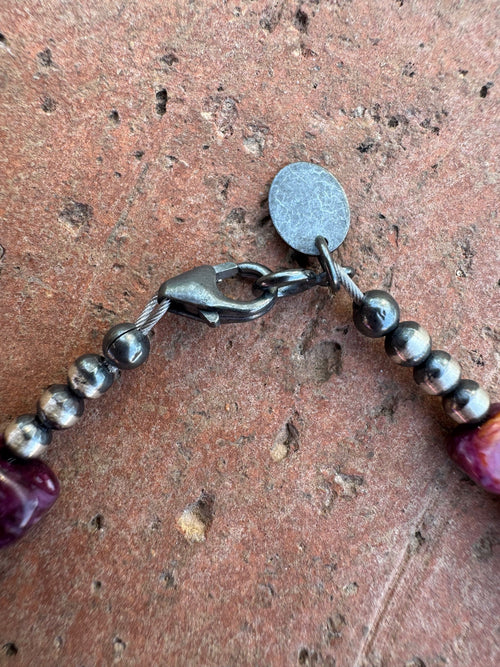 Handcrafted Round Purple Spiny & Sterling Silver Pearl 3mm & 6mm Beaded Bracelet 7.5"