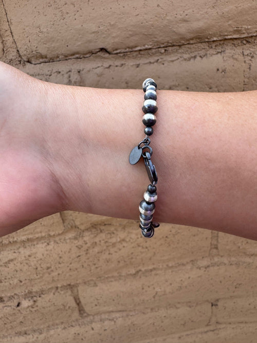 Handcrafted White Buffalo & Sterling Silver Pearl 4-6mm Beaded Bracelet 7.5"