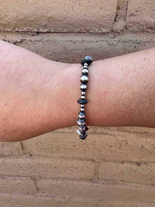 Handcrafted White Buffalo & Sterling Silver Pearl 3-6mm Beaded Bracelet 7.5"