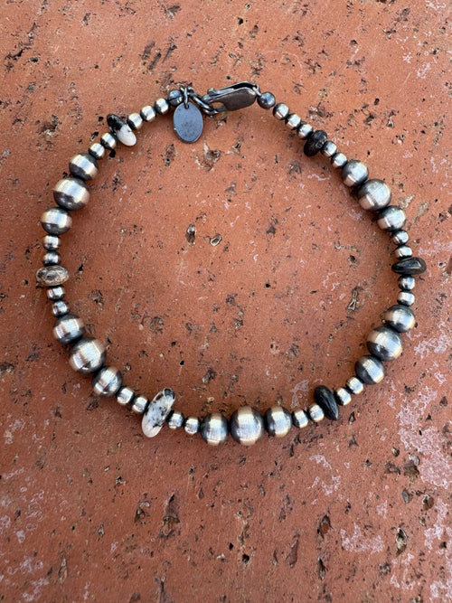 Handcrafted White Buffalo & Sterling Silver Pearl 3-6mm Beaded Bracelet 7.5"
