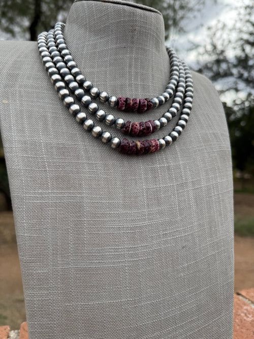Handcrafted Sterling Silver Pearl & Purple Spiny 8mm Beaded Necklace