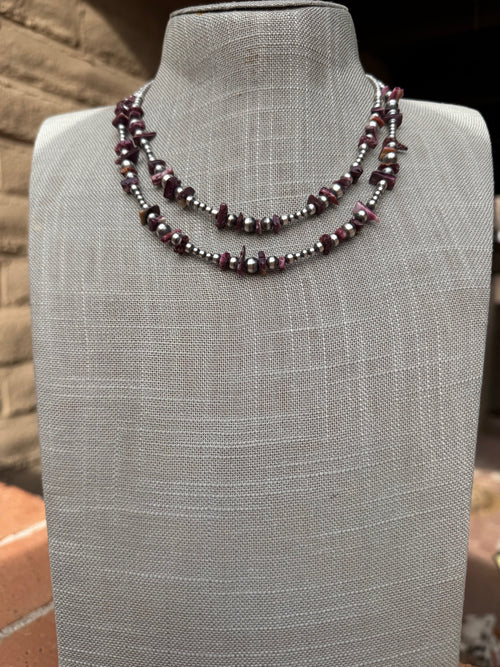 Handcrafted Sterling Silver Pearl & Purple Spiny 3-6mm Beaded Necklace