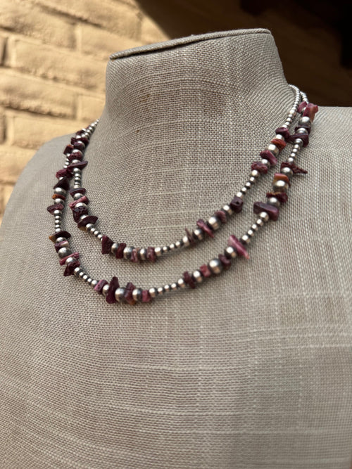 Handcrafted Sterling Silver Pearl & Purple Spiny 3-6mm Beaded Necklace