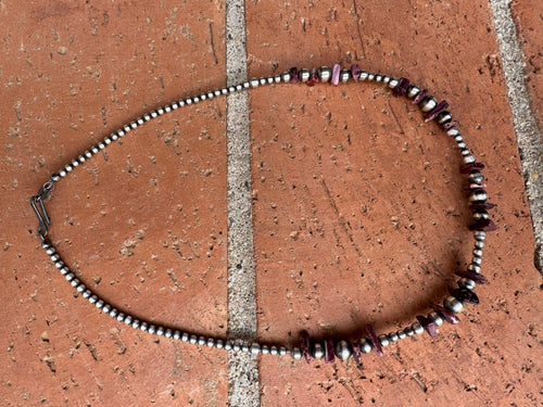 Handcrafted Sterling Silver Pearl & Purple Spiny 3-6mm Beaded Necklace