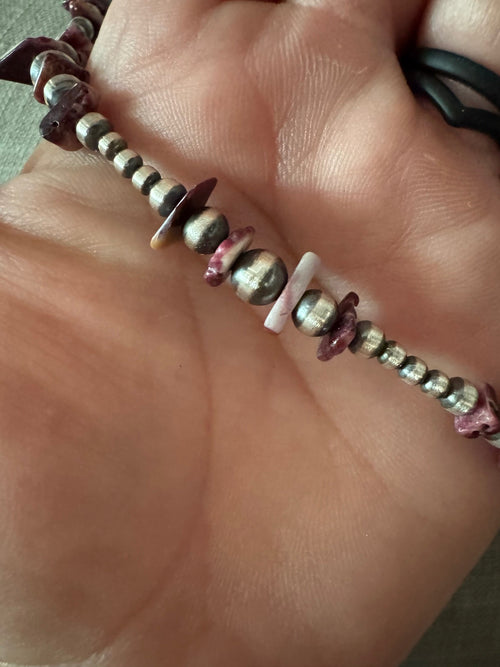 Handcrafted Sterling Silver Pearl & Purple Spiny 3-6mm Beaded Necklace