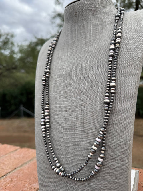 Handcrafted Pink Conch & Sterling Silver Pearl 4-8mm Beaded Necklace 60"