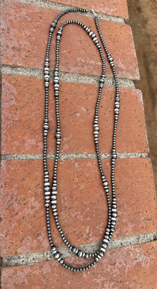 Handcrafted Pink Conch & Sterling Silver Pearl 4-8mm Beaded Necklace 60"