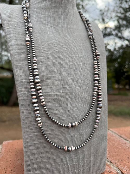 Handcrafted Pink Conch & Sterling Silver Pearl 4-8mm Beaded Necklace 60"