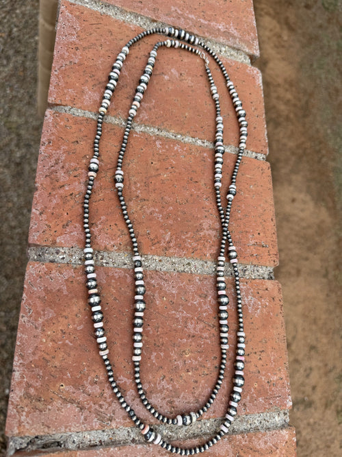 Handcrafted Pink Conch & Sterling Silver Pearl 4-8mm Beaded Necklace 60"