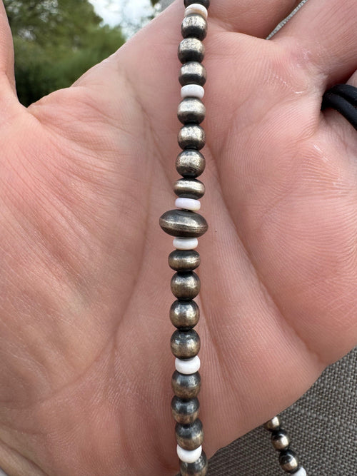 Handcrafted Pink Conch & Sterling Silver 4-8mm Beaded Necklace 60"