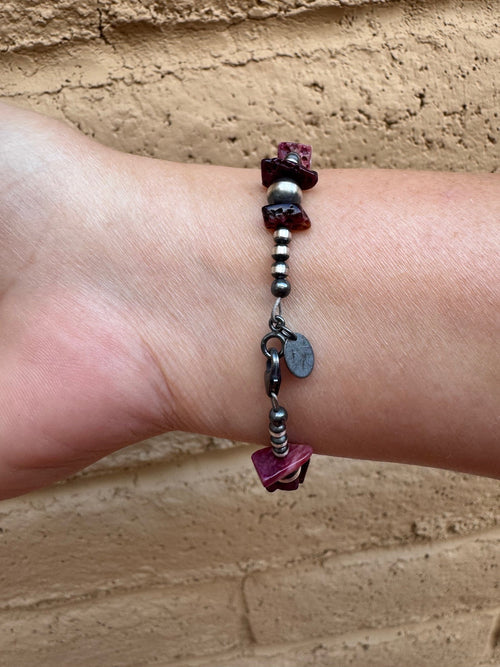Handcrafted Flat Purple Spiny & Sterling Silver Pearl 3mm & 6mm Beaded Bracelet 7.5"