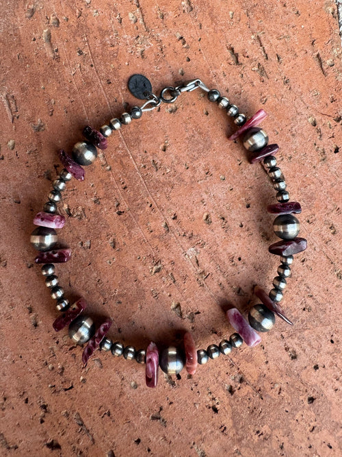 Handcrafted Flat Purple Spiny & Sterling Silver Pearl 3mm & 6mm Beaded Bracelet 7.5"