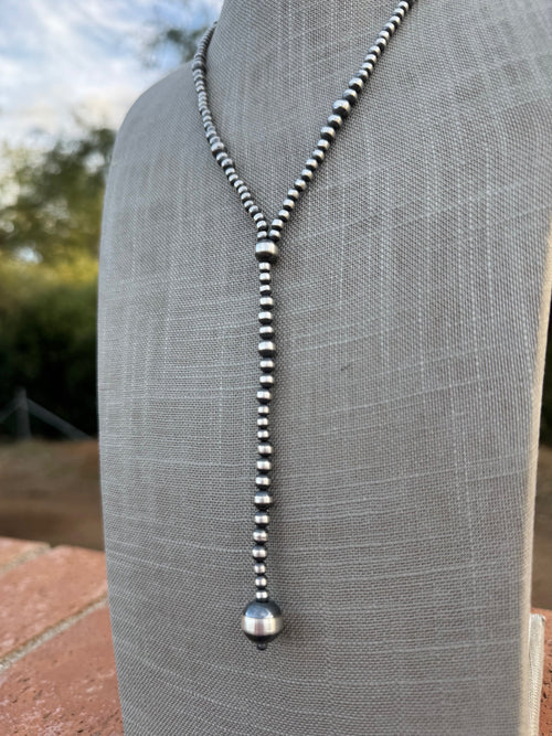 Handcrafted Sterling Silver Pearl 4-12mm Beaded Lariat Necklace 20", Lariat 4.5"