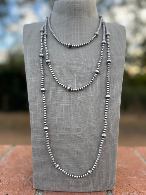 Handcrafted Sterling Silver Pearl 4&8mm Beaded Necklace 72"