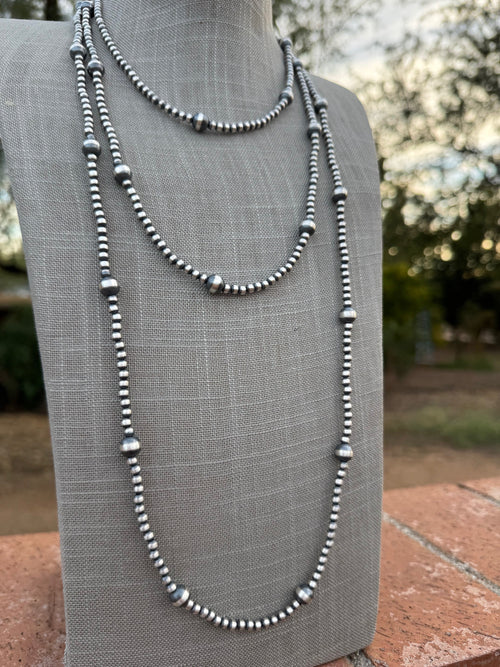 Handcrafted Sterling Silver Pearl 4&8mm Beaded Necklace 72"