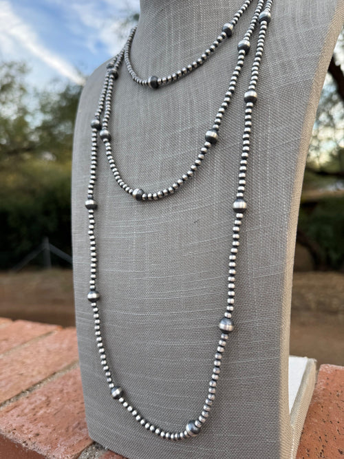 Handcrafted Sterling Silver Pearl 4&8mm Beaded Necklace 72"